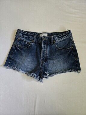 Free People Button Fly Jean Shorts Fringe Frayed Hem Blue 27